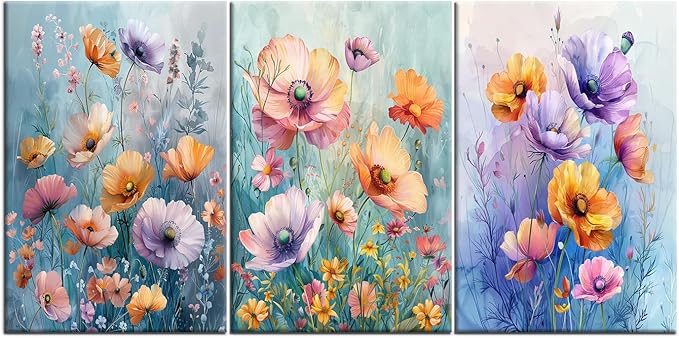 Floral Poster Canvas Wall Art Home Decor Abstract Wildflower Daisy Flower Green Leaves 3 Pieces Picture Print Plant Painting Artwork for Bedroom Kitchen Office Stretched and Framed [48''W x 24''H]