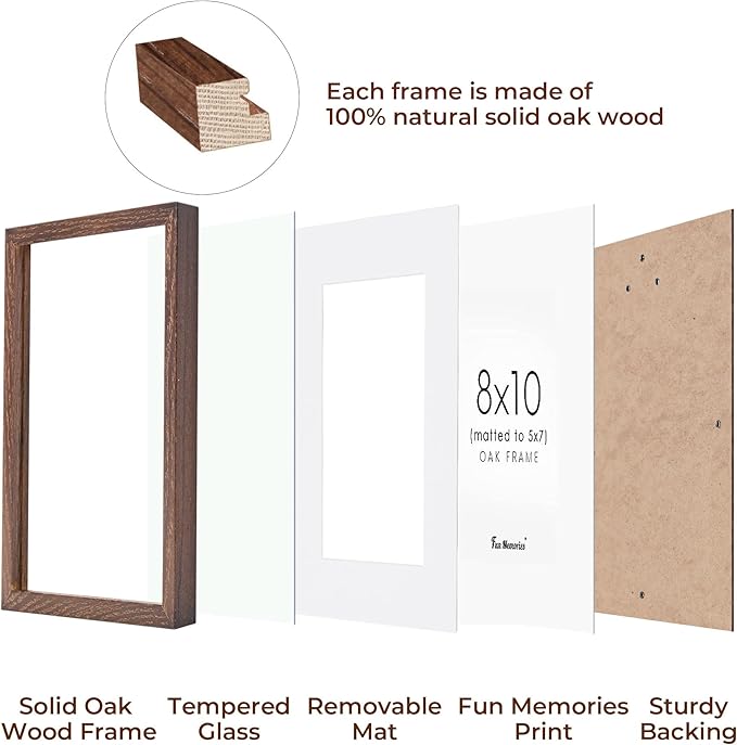 8x10 Wood Picture Frame, Solid Oak Wood Frame 10x8 for Wall & Tabletop Display, 5x7 Picture Frame with Mat 8x10, 8 x 10 Photo Frame Wood with Tempered Glass, Walnut Color, 1 Pack