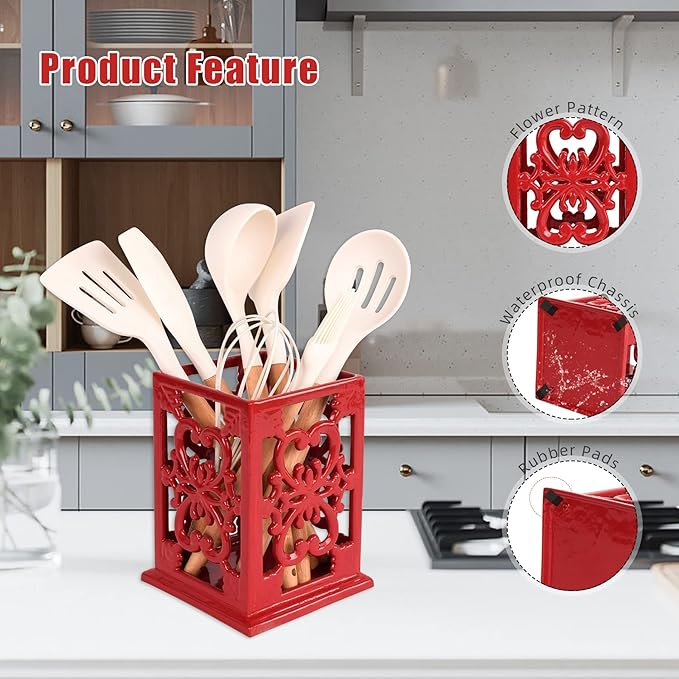 Cast Iron Utensil Holder, Vintage Farmhouse Kitchen Cookting Tools Utensil Holder for Countertop, Large Metal Flower Design Utensil Holder for Kitchen Counter, Red