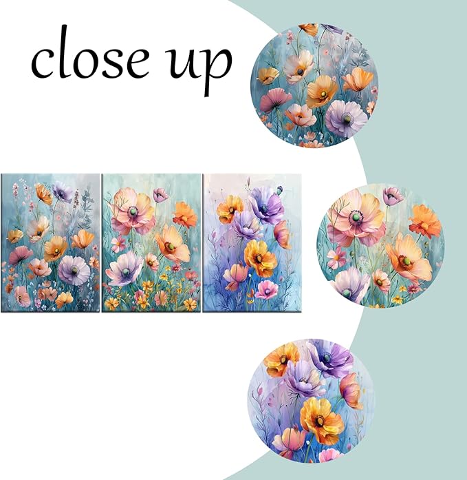 Colorful Floral Poster Wall Art 3 Pieces Abstract Farmhouse Botanical Wildflower Daisy Wooden Framed Print on Canvas Painting Artwork for Living Room Gym Hotel Office Ready to Hang [60''W x 28''H]