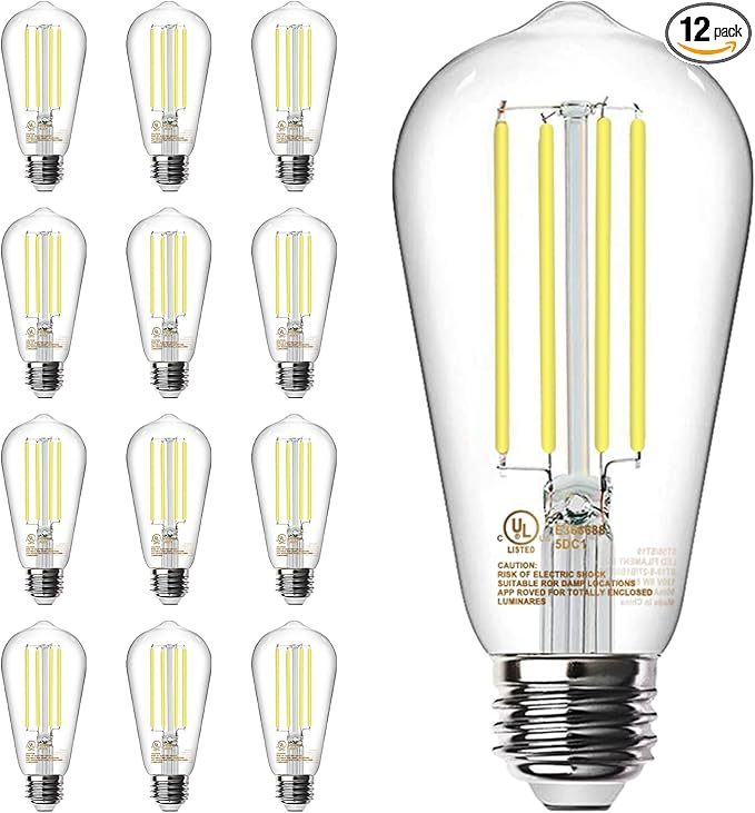 TJOY 12 Pack E26 Base Vintage LED Edison Light Bulbs, 60W Equivalent Dimmable, 4000K Natural White, 8W ST58 LED Filament Bulbs, 800Lumens, CRI80+, Antique Glass Style for Home, Bedroom, Farmhouse