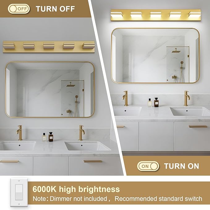 Modern LED Bathroom Lights Fixtures(5-Light),Metal Gold Acrylic Wall Lighting,Vanity Lights for Bathroom Over Mirror(6000k 34In)