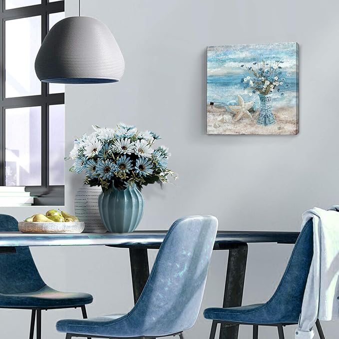 Bathroom Decor Wall Art Blue Beach Picture Ocean Theme Flower Canvas Print Modern Coastal Seascape Painting Framed Seaside Artwork Floral Daisy in Indian Vase for Home Sea Lake Bedroom 14x14inch