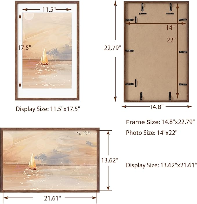 14x22 Oak Wood Picture Frame, 14"x22" Picture Frame Matted to 12"x18", Photo Frame 14 x 22 with Real Glass, 14x22 Wood Frame for Vertical or Horizontal Hanging (Walnut Color, 1 Pack)