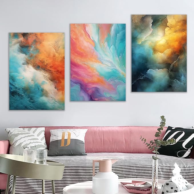 Colorful Abstract Poster Wall Art Rendering 3 Pieces HD Pictures Print on Wooden Framed Canvas Multicolor Painting Wall Decor Artwork for Modern Home Living Room Hotel Ready to Hang [60''Wx28''H]