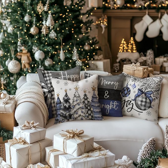 GEEORY Christmas Throw Pillow Covers 20 x 20 Inch Set of 4, Xmas Trees Merry and Bright Happy Holidays Farmhouse Decorative Cushion Cases for Home Decoration G435N-20