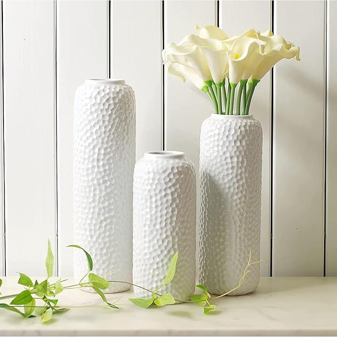 Hosley Set of 3 White Ceramic Honeycomb Vase Tall 12 Inch Medium 10 Inch Short 8 Inch High Each. Ideal Gift for Wedding Special Occasion Dried Floral Arrangements Home Office Spa