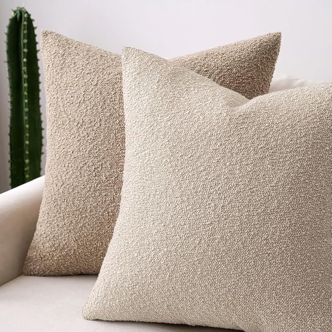 MIULEE 24x24 Decorative Euro Sham Throw Pillows for Bed Set of 2 Textured Boucle Neutral Throw Pillow Coverss Oatmeal Accent Solid Couch Pillowcase Cozy Soft Sofa Livingroom Home Decor