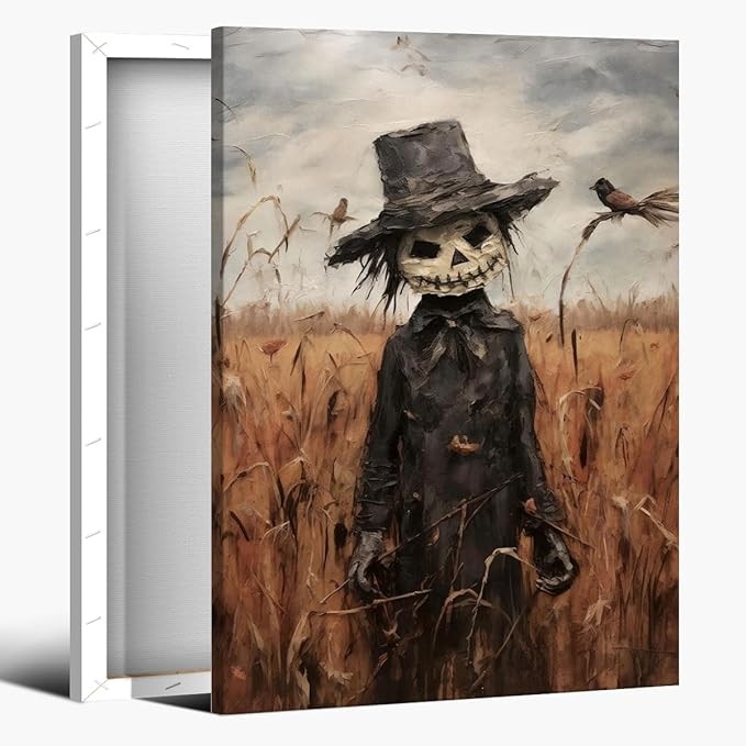 Vintage Fall Wall Art Cute Scarecrow in Field Posters Scarecrow Pictures Canvas Prints Autumn Cornfield Cottage Core Halloween Room Decor 12x18inch Framed