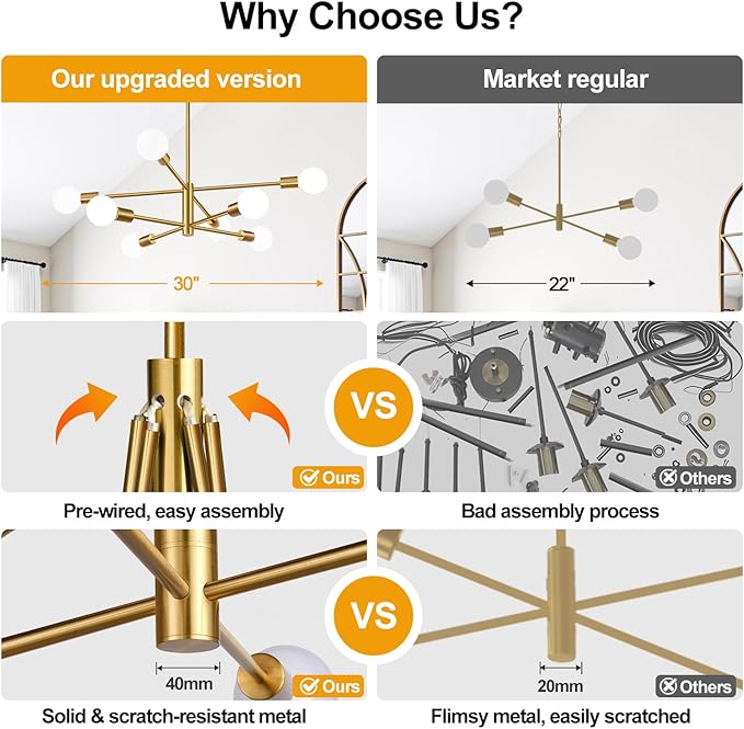 30" Modern Chandelier Ceiling Light Fixture, 8-Light Sputnik Chandeliers Gold Mid Century Chandelier Over Table, Height Adjustable Chandeliers for Dining Room Kitchen Island (Bulbs Not Included)
