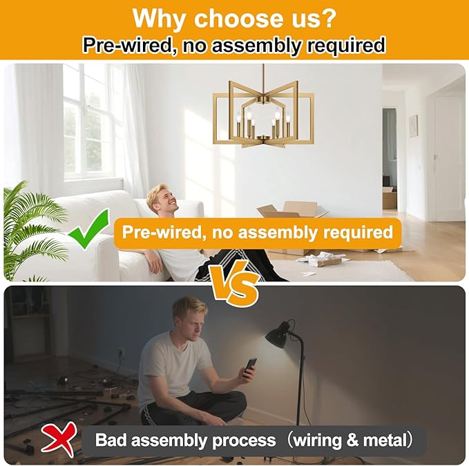 25" Modern Brass Chandelier for Dining Room (6-Light, 25-Inch), Geometric Brass Dining Room Light Fixture Over Table, Industrial Metal Hanging Pendant Lights for Kitchen Island, Entryway, Foyer