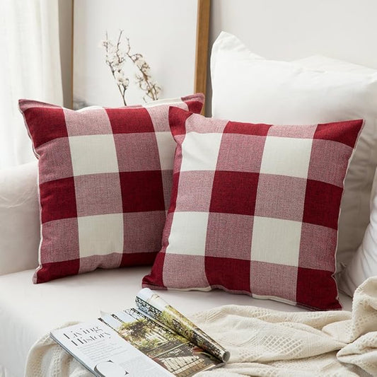 MIULEE Pack of 2 Classic Farmhouse Buffalo Check Plaids Polyester Linen Soft Solid White and Red Decorative Throw Pillow Covers Home Decor Cushion Case for Sofa Bedroom 26 x 26 Inch