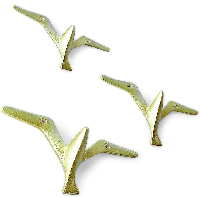 Ambipolar Iron Cast Decorative Gull Bird Wall Mounted Coat Hooks, Set of 3 (Gold)