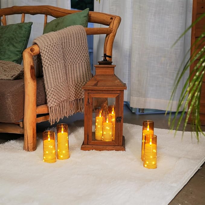 Raycare Flameless LED Candles with Embedded Star String, 9 Pcs Battery Operated Acrylic Pillar Candles with Timer and Remote, Flickering Candle for Romantic Ambiance and Home Decoration(Glod)