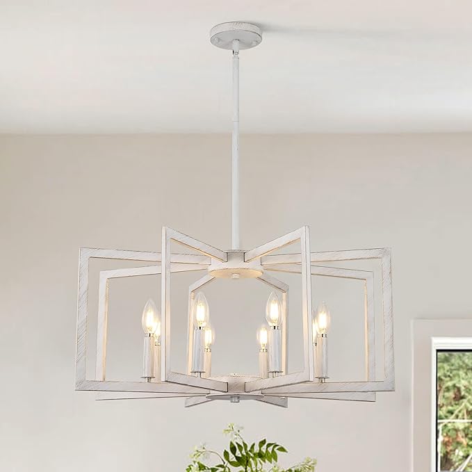 8-Light Antique White Farmhouse Chandeliers for Dining Room, Large French Country Chandelier, Rustic Iron Cage Hanging Light Fixture for Kitchen Island Foyer Living Room Bedroom Staircase