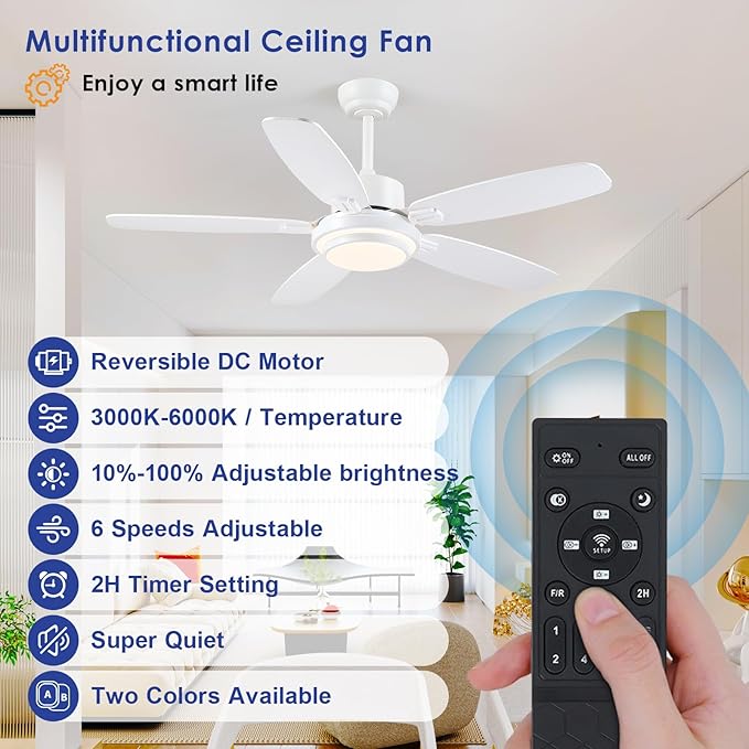 Ceiling Fan with Light and Remote/APP Control,50" Modern Indoor Ceiling Fan with DC Reversible Motor, Quiet 6 Speeds Flush Mount Ceiling Fan Light for Bedroom,Dinnig Room,White