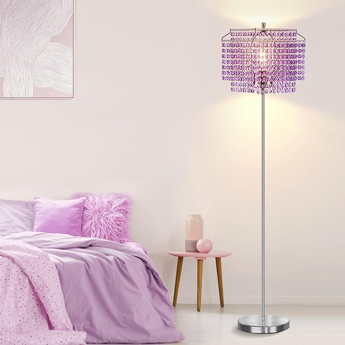 Crystal Floor Lamp Purple, 64" Tall Standing Lamps with Double-Layer Lampshade, Elegant Floor Lamp with On/Off Foot Switch, Standing Lamps for Living Room, Bedroom, Dresser, Office, Bulb Included