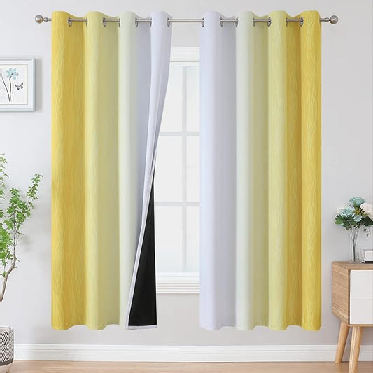 Estelar Textiler Room Darkening Gradient Blackout Curtains 72 Inch Length 2 Panels Set, Ombre Yellow and Greyish White Thermal Insulated Light Blocking Grommet Blackout Drapes for Bedroom, 52Wx72L