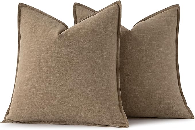 MIULEE Decorative Linen Pillow Covers 16x16 Inch Khaki Boho Farmhouse Neutral Couch Throw Pillows for Bed Pack of 2 Accent Modern Pillowcase Sofa Livingroom Home Decor