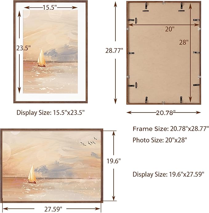 20x28 Oak Wood Picture Frame, 20"x28" Poster Frame for Wall, 20x28 Picture Frame with Mat for 16x24, Solid Oak Wood Photo Frame 20 x 28 with Tempered Real Glass (Walnut Color, 1 Pack)