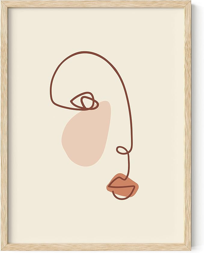 HAUS AND HUES Female Figure Wall Art Line Drawing - Single Line Drawing Wall Art, Woman Art Print Line Art Wall Decor Minimalist Wall Decor, Silhouette Lipstick (Beige Framed, 12x16)