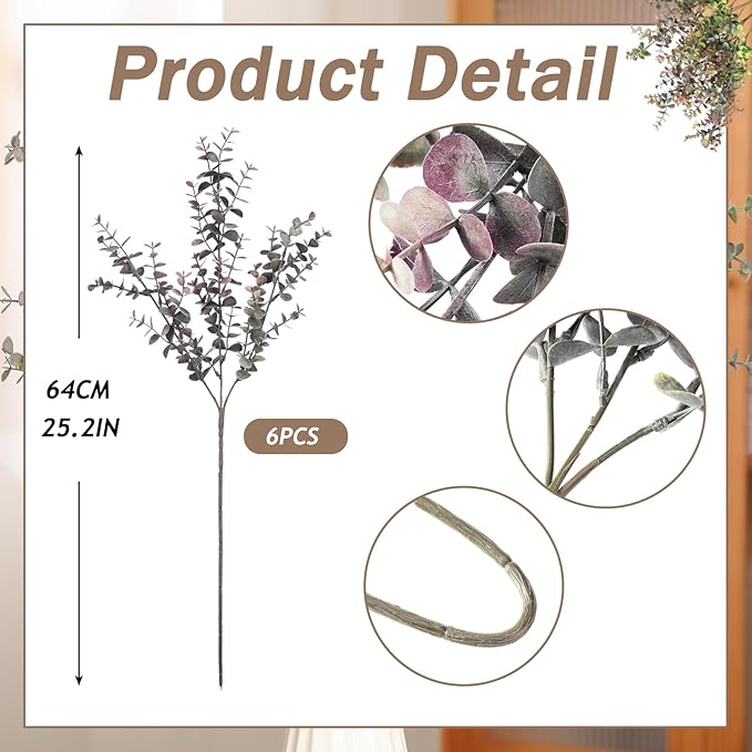 Janinka 6 Pcs 25'' Artificial Eucalyptus Leaves Fall Stems for Vases Autumn Floral Arrangements Fall Decorations Artificial Plants Fake Plant for Office Home Party Garden Fireplace Farmhouse Decor