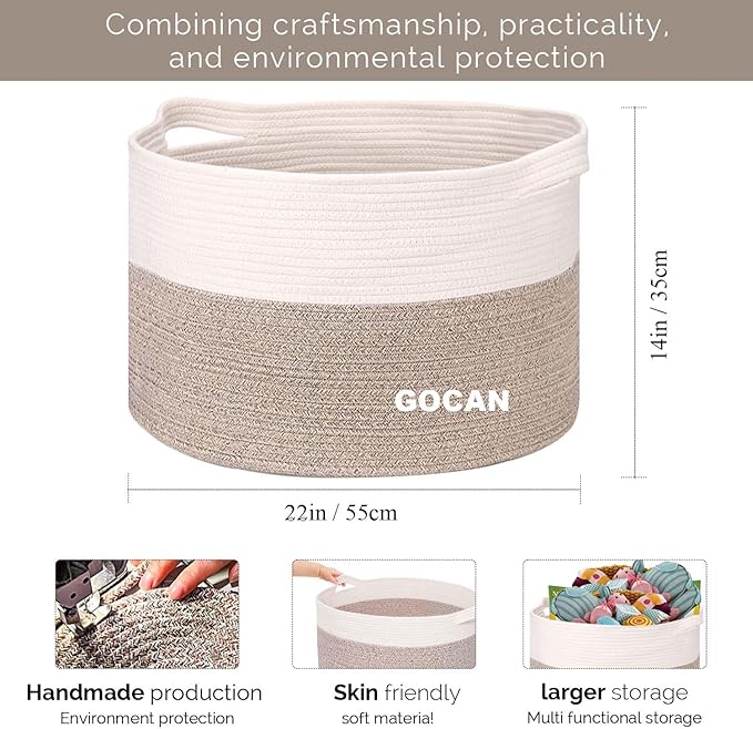 Extra Large Laundry Basket toy storage 22"X22"X14" blanket basket Cotton Rope Woven Baskets with Handles for Living Room (Brown/Beige) XXXL