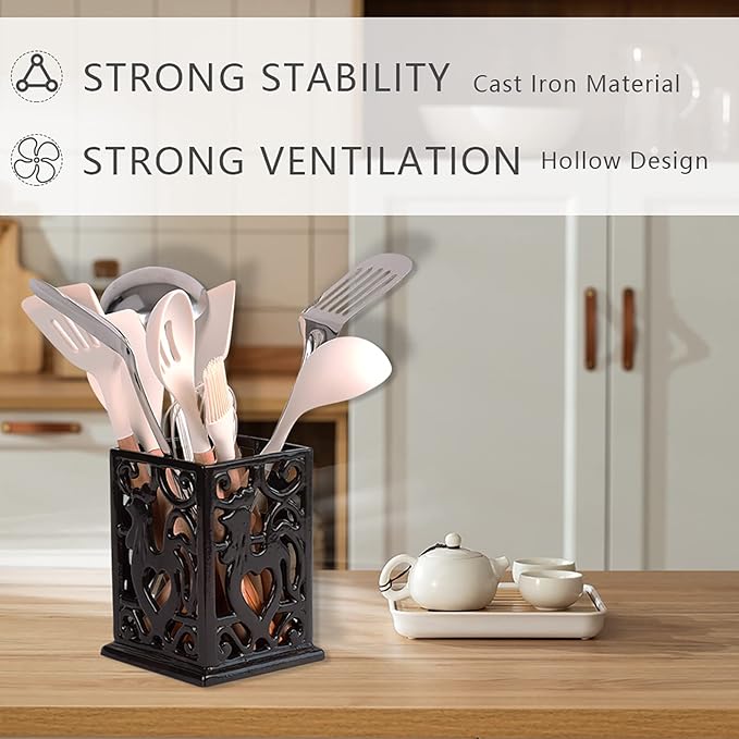 Vintage Utensil Holder for Countertop, Robust Cast Iron Utensil Holder for Kitchen Counter Cooking Tools Crock Spoon and Spatula Holder Organizer, Coffee Gold