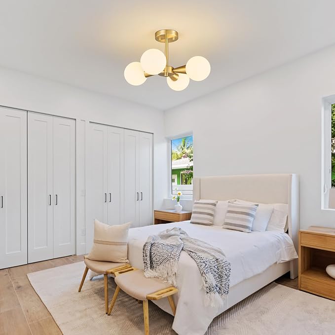 Mid Century Modern Ceiling Light with Milk White Glass lampshade Gold Semi Flush Mount Ceiling Light Fixture Sputnik Chandelier for Bedroom Living Room Dining Room Foyer Hallway(4-Lights)