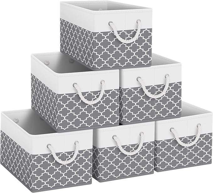 Fab totes Storage Bins [6-Pack], Foldable Storage Baskets for Organizing Toys, Books, Shelves, Closet, Large Storage Box with Rope Handles, Sturdy Organizer Bins,Clover Grey