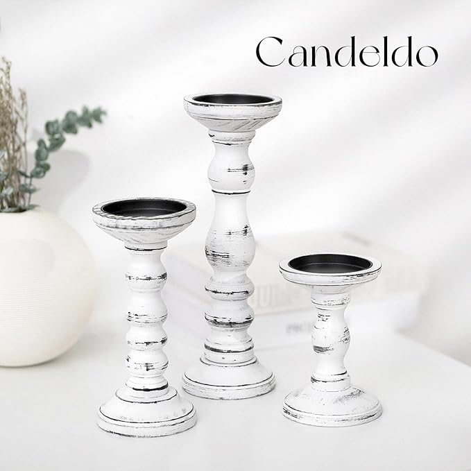 Wood Candle Holders for Pillar: Rustic Candles Holder Set of 3 Tall Table Centerpiece Decor Wooden White Farmhouse Decorations for Fireplace Mantle