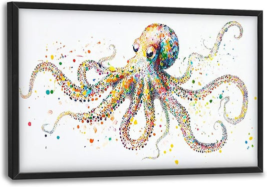 Octopus Large Wall Art for Living Room Framed, Octopus Wall Decor Pictures, Colorful Ocean Animal Canvas Print Painting, Aesthetic Artwork Bedroom Office Home Decor 36"x24"