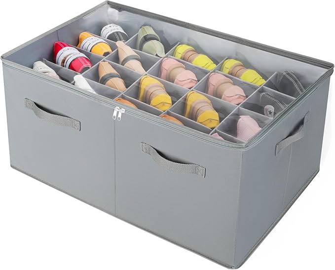 Shoe Organizer for Closet, Foldable Shoe Box with Adjustable Dividers and Clear Cover, Space Saving Shoe Storage Organizer Cabinet with Reinforced Handles, Fits 20 Pairs, Gray, TP10G