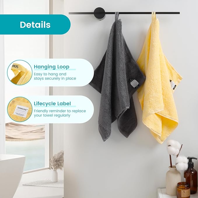 SEMAXE 12-Piece Family Bathroom Towel Set - 100% Cotton, 4 Bath Towels, 4 Hand Towels, 4 Washcloths, Ultra-Soft and Super Absorbent, Lighter Weight