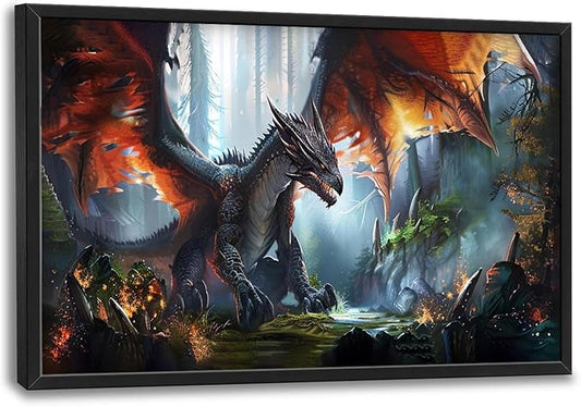 Dragon Large Framed Wall Art Western Fire Dragon Pictures Oversized Wall Decor Cool Animal Canvas Print Painting Aesthetic Modern Artwork for Living Room Bedroom Office Bathroom Home Decor 36L x24W