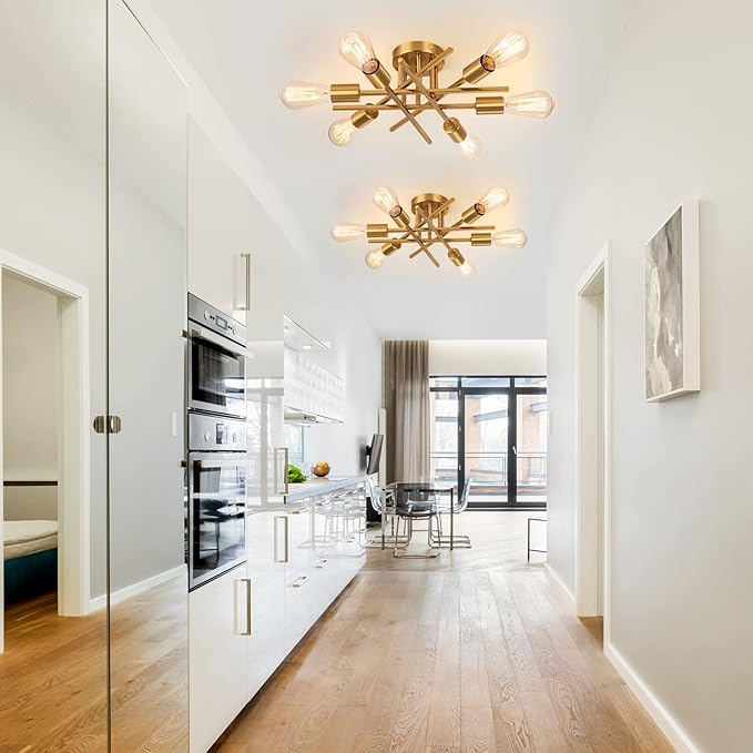 Sputnik Chandeliers, Modern Semi Flush Mount Ceiling Light with E26 Base, Mid Century Industrial Kitchen Farmhouse Light Fixtures for Bedroom Living Room (Brass, Ceiling 6 Lights)
