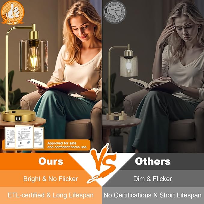 Set of 2 Industrial Touch Control Table Lamps with 2 USB Ports and AC Outlet - 3-Way Dimmable Gold Bedside Lamp Nightstand Desk Lamps for Bedroom Living Room, Amber Glass Shade & 2 LED Bulbs Included