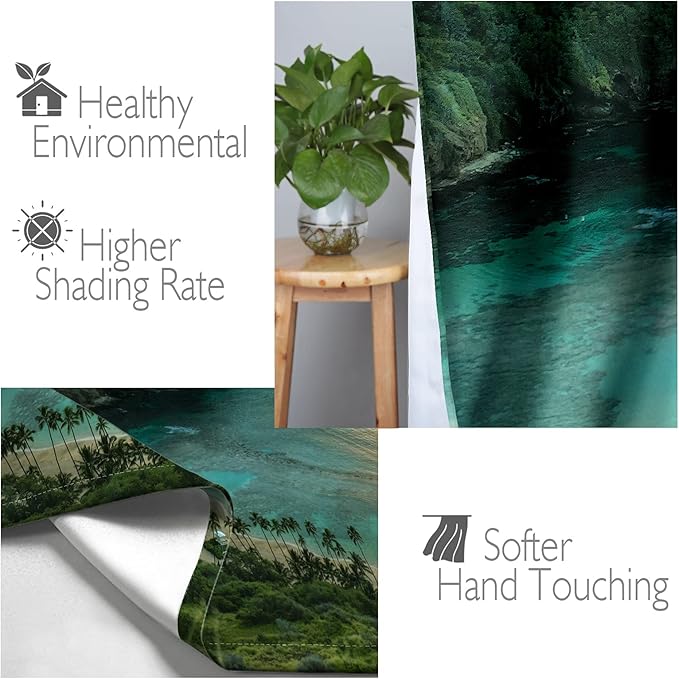 Jekeno Ocean Beach Blackout Curtains Ocean Morning Sunrise Decor for Home Bedroom Living Room with Hawaiian Seaside Scene Island Green Print Grommet Window Drapes 2 Panel Set, 42"x63"