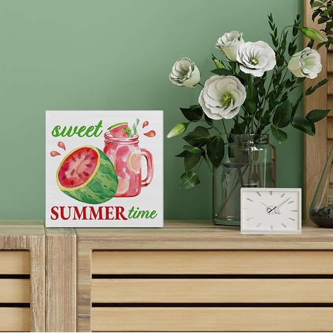 Summer Decor - Watermelon Decorations Sweet Summer Time Wooden Sign Home Kitchen Shelf Desk Decor 5 X 5 Inches