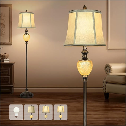 Vintage Floor Lamp with Nightlight, 64" Tall Lamp with Beige Faux Silk Shade, Rotary Switch, Farmhouse Design Brown Standing Lamp for Living Room Bedroom Office Dining Room Corner (LED Bulb Included)
