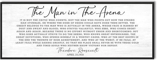 Motivational Wall Art Office Decor: The Man in The Arena Wall Art Canvas Print Framed Poster 32''×12'', Inspirational Gifts for Men, Positive Quotes Wall Decor for Modern Bedroom Living Room