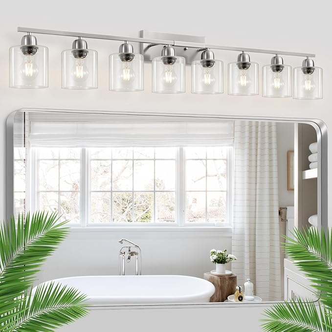 Brushed Nickel Light Fixture Bathroom, 8 Light Mirror Lights with Clear Glass, 51 inch Bathroom Mirror Lights for Oversized Mirrorss, E26 Socket