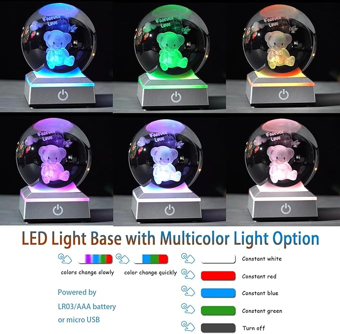 Ornalrist 3D Crystal Ball Engraved Bear and Forever Love Text with LED Base 3.15'' - Gifts for Woman, Girlfriend, Wife on Birthday, Valentine's Day Anniversary - Bear Figurine Collection Home Decor