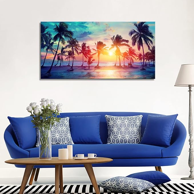 DZL Art S75575 Canvas Wall Art Palm Trees Silhouettes On Tropical Beach At Sunset Beach Seascape Painting Nature Pictures for Living Room Home Office Wall Decor Artwork