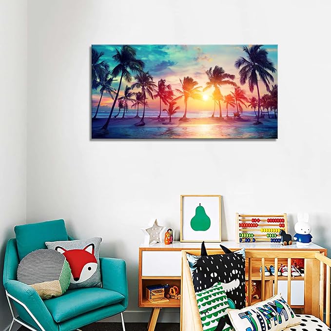 DZL Art S75550 Canvas Wall Art Palm Trees Silhouettes On Tropical Beach At Sunset Beach Seascape Painting Nature Pictures for Living Room Home Office Wall Decor Artwork