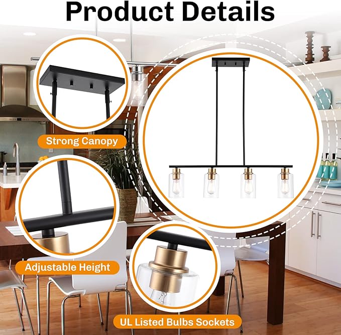 Kitchen Island Light, 4-Light Pendant Lighting, Farmhouse Industrial Dining Room Light Fixtures for Kitchen Island Dining Living Room, Matte Black Gold with Clear Glass Shade
