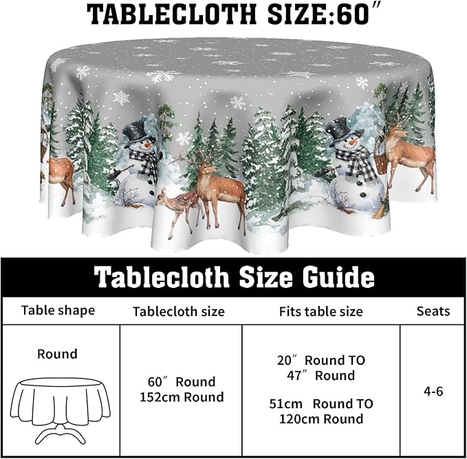 Winter Snowflake Round Tablecloth 60 Inch Winter Deer Pinetree Decoration Table Cloth Winter Woodland Decorative Table Cloth Holiday Tablecloths Christmas Snowman Table Cover for Home Kitchen Dinner