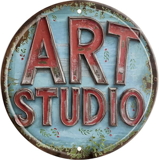 Rustic Art Studio Metal Tin Sign 8x8 In Vintage Round Wall Decor with Blue & Red for Office Bar Cafe Garage Bathroom Bedroom Decor