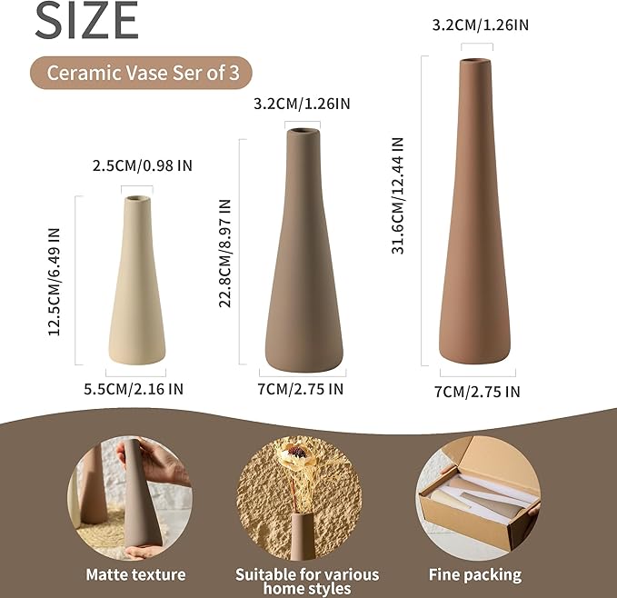 Ceramic Vase Set of 3, Modern Farmhouse Vases Home Decor Neutral Pottery Vase Pampas Grass Flower Vases for Home Decoration Room Decor Table Entryway Living Room Centerpieces Mantel Decor - Brown