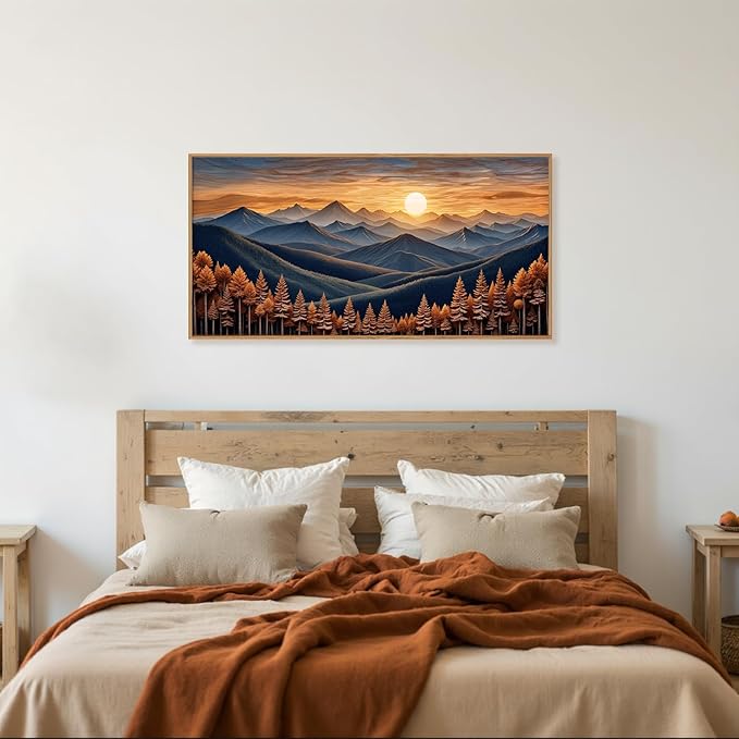 HOURIA Large Woodland Mountain Sunset Framed Canvas Wall Art Set,Wilderness Wooden Forest Landscape Wall Decor,Nature Botanical Artwork,Boho Pine Tree Art Print for Living Room,Bedroom- 20"x40"x1